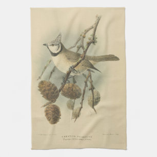 Vintage Illustration of European Crested Tit Tea Towel