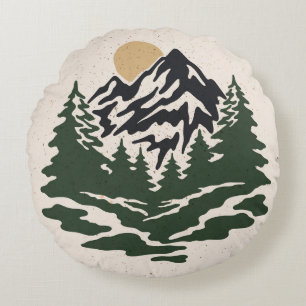 Vintage illustration of mountain landscapemountain round cushion