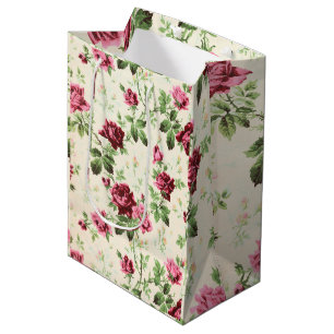 Vintage illustration of roses on neutral base medium gift bag
