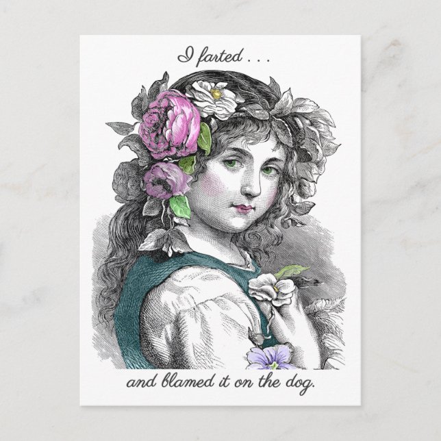 Vintage Illustration Pretty Girl Farts Funny Postcard (Front)