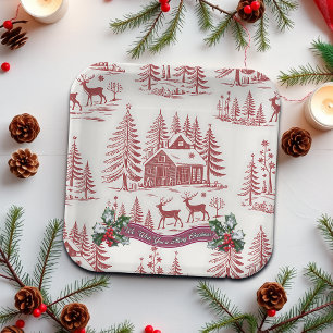 Vintage Illustration Reindeer and Houses Christmas Paper Plate