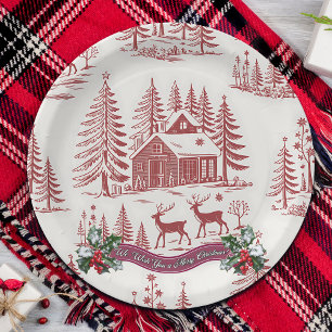 Vintage Illustration Reindeer and Houses Christmas Paper Plate