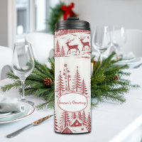 Vintage Illustration Reindeer and Houses Winter