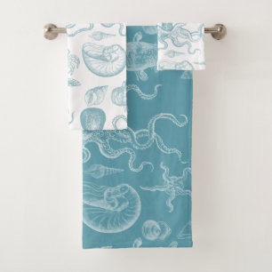 Vintage Illustration Sea Animals Modern Blue Bath Towel Set
