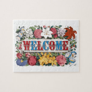 Vintage Illustration WELCOME with Flowers Jigsaw Puzzle