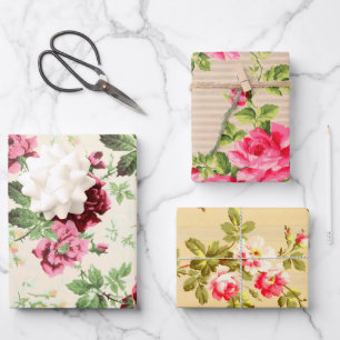 Vintage illustrations of roses on neutral base wrapping paper sheet