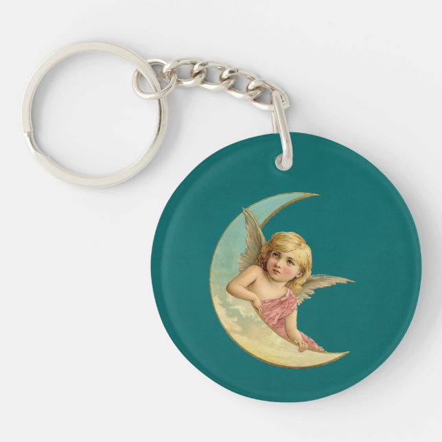Vintage Image - Angel Sitting on a Crescent Moon Key Ring (Front)