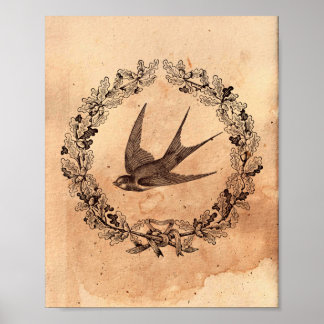 Vintage image Bird Swallow frame Tea Stained Paper Poster