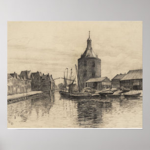 Vintage image, pencil sketch, Enkhuizen harbour Poster