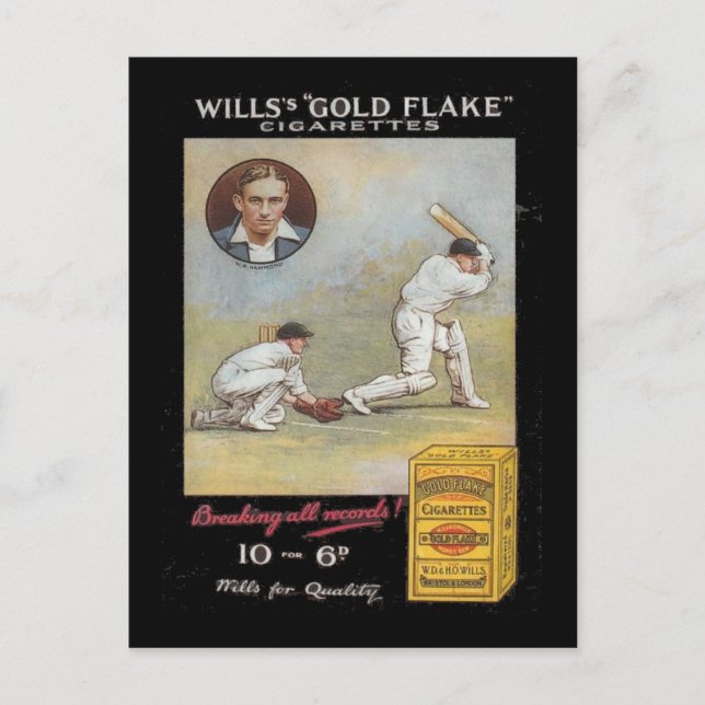 Vintage image,  Wills Gold Flake Tobacco, Cricket Postcard (Front)