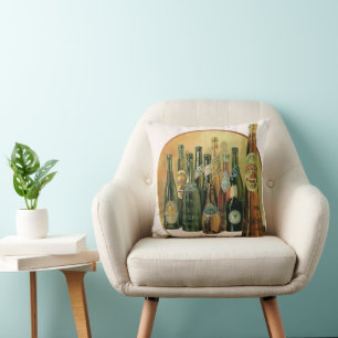 Vintage Imported Beer Bottles, Alcohol, Beverages Cushion
