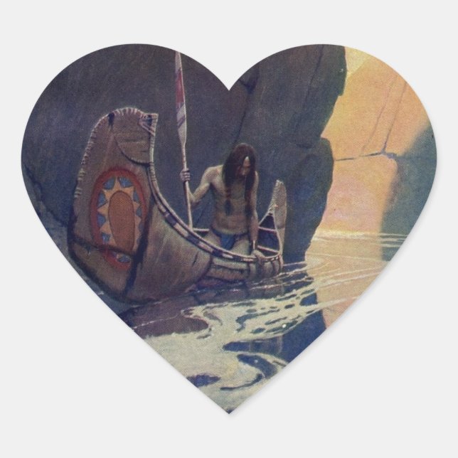 Vintage Indian Canoe Paddling Sun Classic Heart Sticker (Front)