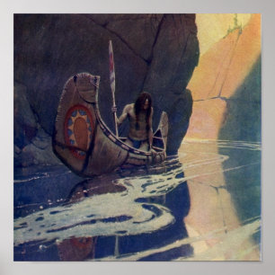 Vintage Indian Canoe Paddling with Sun Symbol Poster