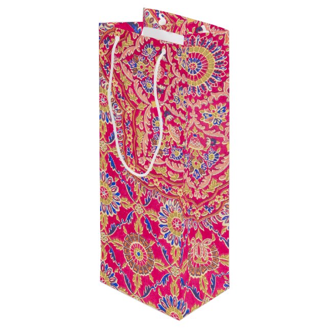 Vintage Indian Embroidery Pattern Wine Gift Bag (Back Angled)
