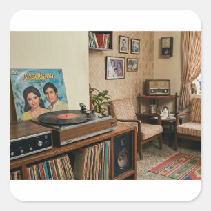 Vintage Indian Nostalgia: Retro 1970s Living Room Square Sticker
