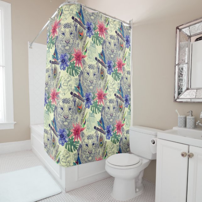 Vintage Indian Style Tiger Pattern Shower Curtain (In Situ)