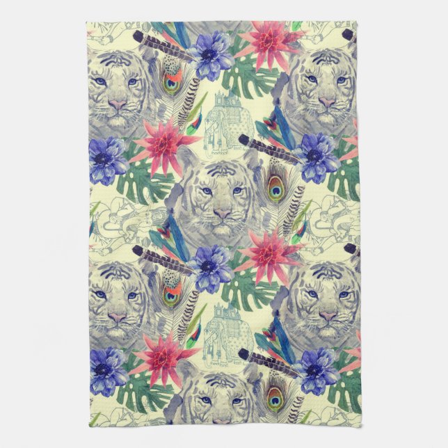 Vintage Indian Style Tiger Pattern Tea Towel (Vertical)