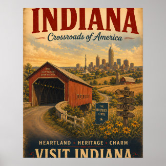Vintage Indiana Travel Poster with Covered Bridge