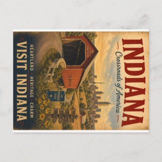 Vintage Indiana Travel Poster with Covered Bridge Holiday Postcard