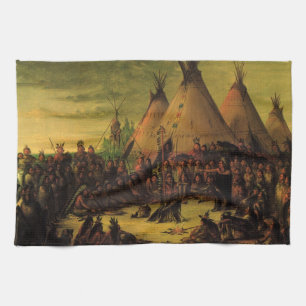 Vintage Indians, Sioux War Council by Catlin Tea Towel