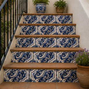 Vintage Indigo Hand Painted Blue Ornamental Mosaic Ceramic Tile