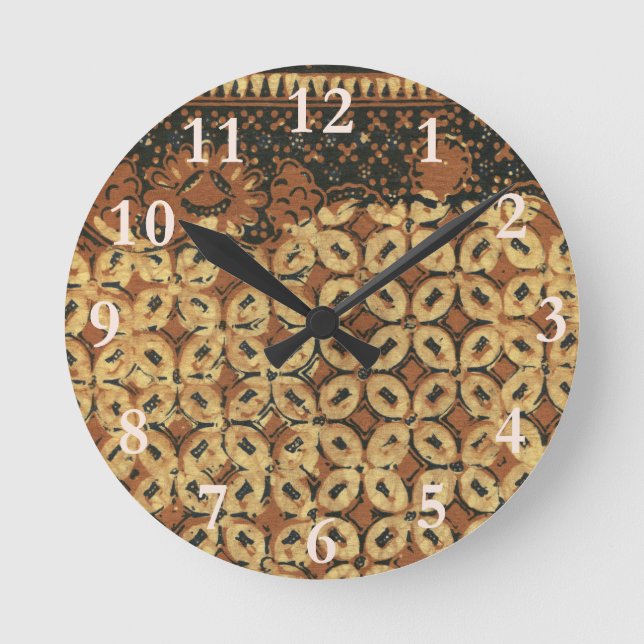 Vintage Indonesian Batik Kawung Pattern Rustic Round Clock (Front)