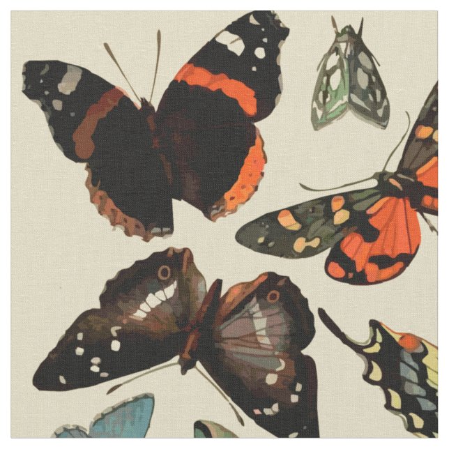 Vintage insects butterflies on beige background fabric (Close Up)