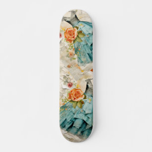 Vintage Inspire Blue Dress & Peach Rose Skateboard