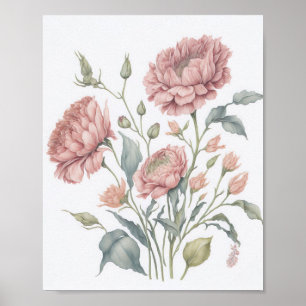 Vintage-Inspired Blue and Red Watercolor Flowers Poster