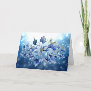 Vintage Inspired Blue Christmas Poinsettia Holiday Card
