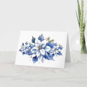 Vintage Inspired Blue Christmas Poinsettia Holiday Card