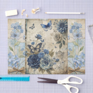 Vintage Inspired Blue Floral Butterfly Scrapbook Tissue Paper