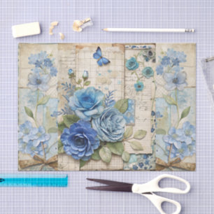 Vintage Inspired Blue Floral Butterfly Scrapbook Tissue Paper