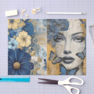 Vintage Inspired Blue Floral Collage Scrapbook Tissue Paper