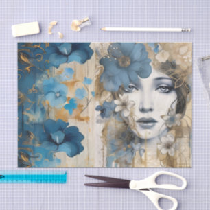 Vintage Inspired Blue Floral Collage Scrapbook Tissue Paper