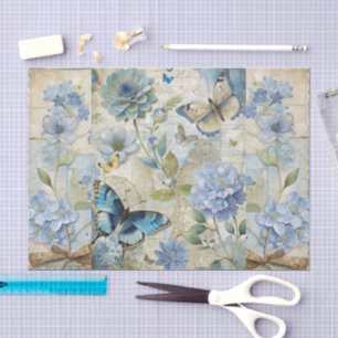 Vintage Inspired Blue Floral Collage Scrapbook Tissue Paper