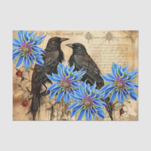 Vintage Inspired Blue Flowers & Ravens Tissue Paper