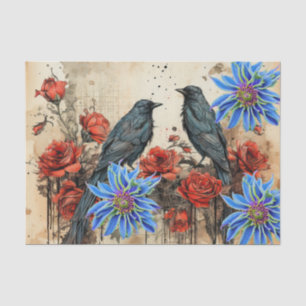 Vintage Inspired Blue Flowers Red Roses Ravens Tissue Paper
