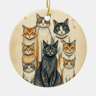 Vintage-Inspired Cat Family Portrait Ceramic Ornament