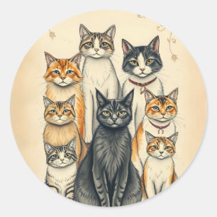 Vintage-Inspired Cat Family Portrait Classic Round Sticker