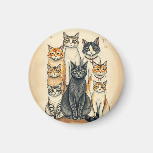 Vintage-Inspired Cat Family Portrait Magnet