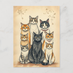 Vintage-Inspired Cat Family Portrait Postcard