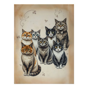 Vintage-Inspired Cat Family Portrait Poster