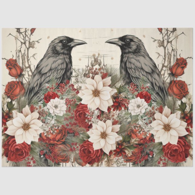 Vintage Inspired Christmas Floral Ravens Tissue Paper (Front)