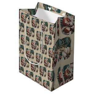 Vintage Inspired Christmas Retro Santa Reindeer Medium Gift Bag