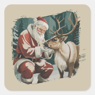 Vintage Inspired Christmas Retro Santa Reindeer Square Sticker