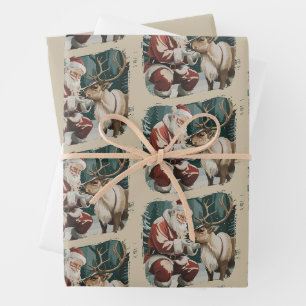 Vintage Inspired Christmas Retro Santa Reindeer Wrapping Paper Sheet