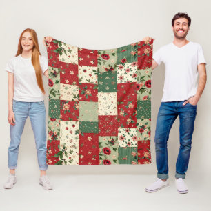 Vintage Inspired Christmas Themed Quilt Pattern Fleece Blanket