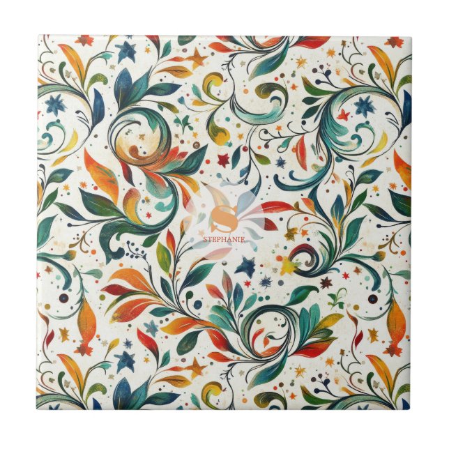 Vintage-Inspired Colourful Paisley Leaf Pattern Ceramic Tile (Front)