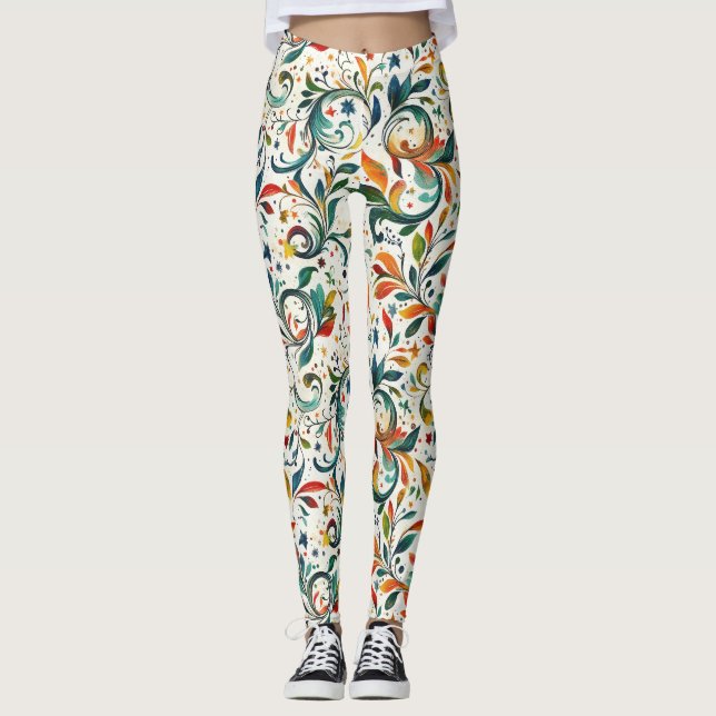 Vintage-Inspired Colourful Paisley Leaf Pattern Leggings (Front)
